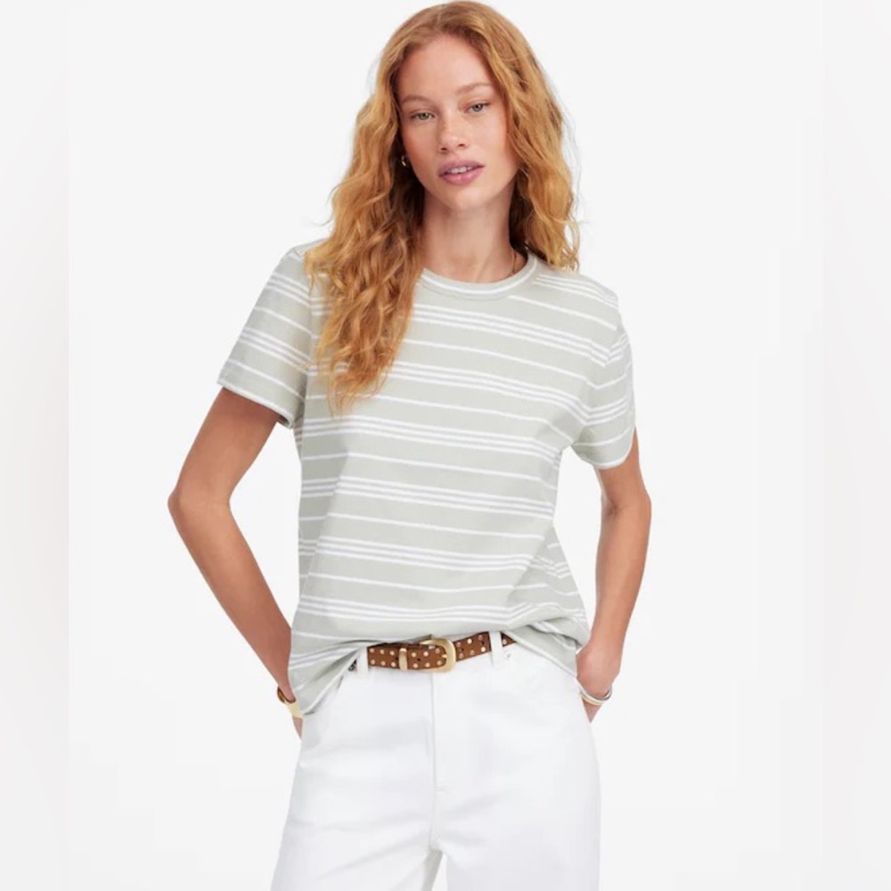 Madewell women’s Perfect Crewneck Tee Allday Jersey green white Sz XXS NWT